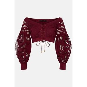Karen‎ Millen Cutwork Bardot Laced Front Top Blouse Ballon Sleeves Fig US 6 NWT